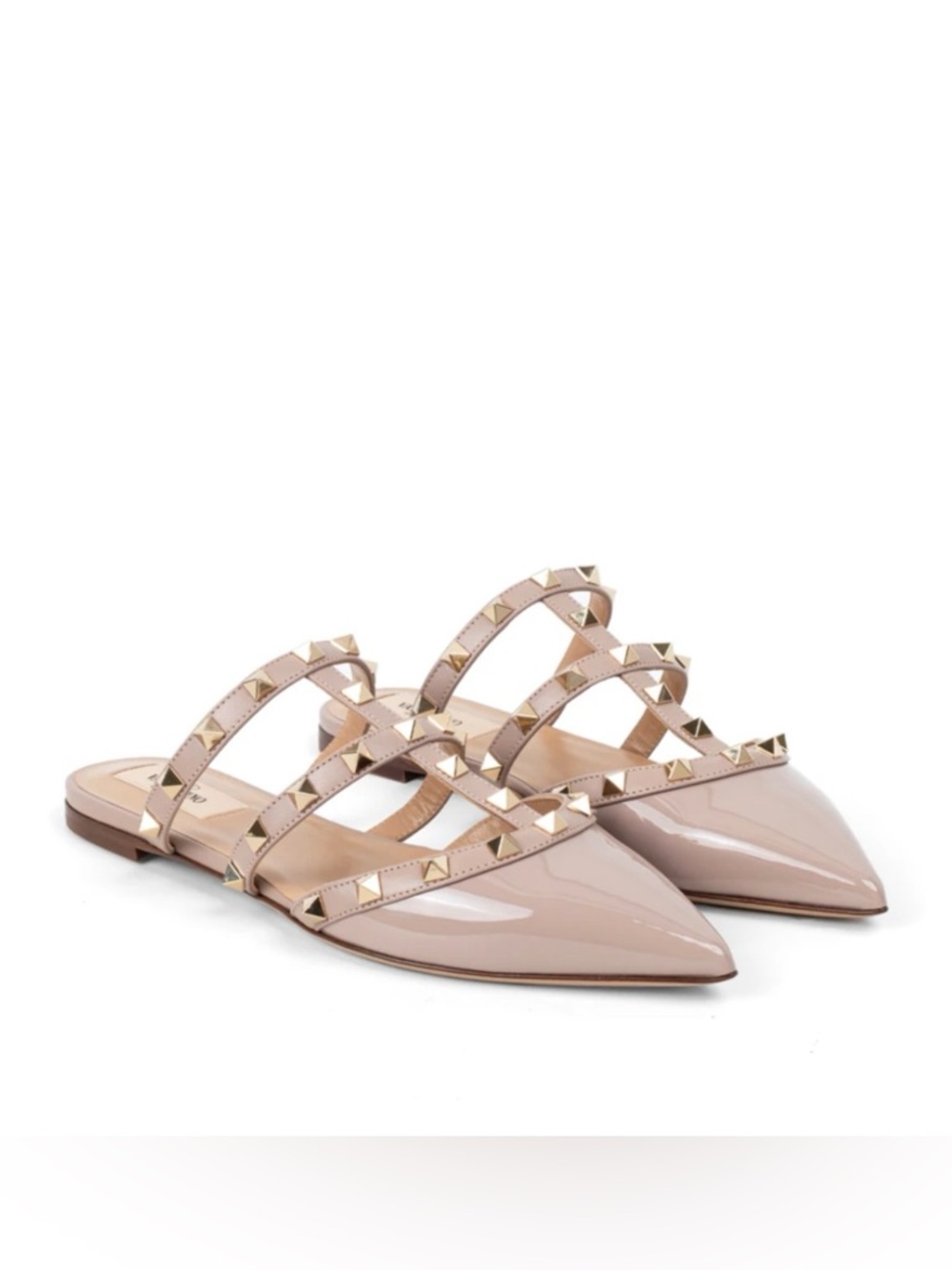 Studded Pointed-Toe Patent Leather Mules - Nude